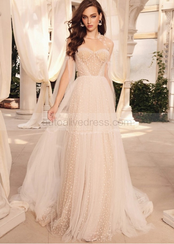 Strapless Beaded Lace Tulle Wedding Dress With Detachable Cape